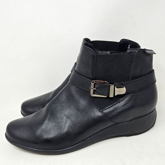 MEMPHISTO Stefania Low Wedge Bootie Black Leather Buckle Size 10 Comfort Boot - Picture 4 of 9